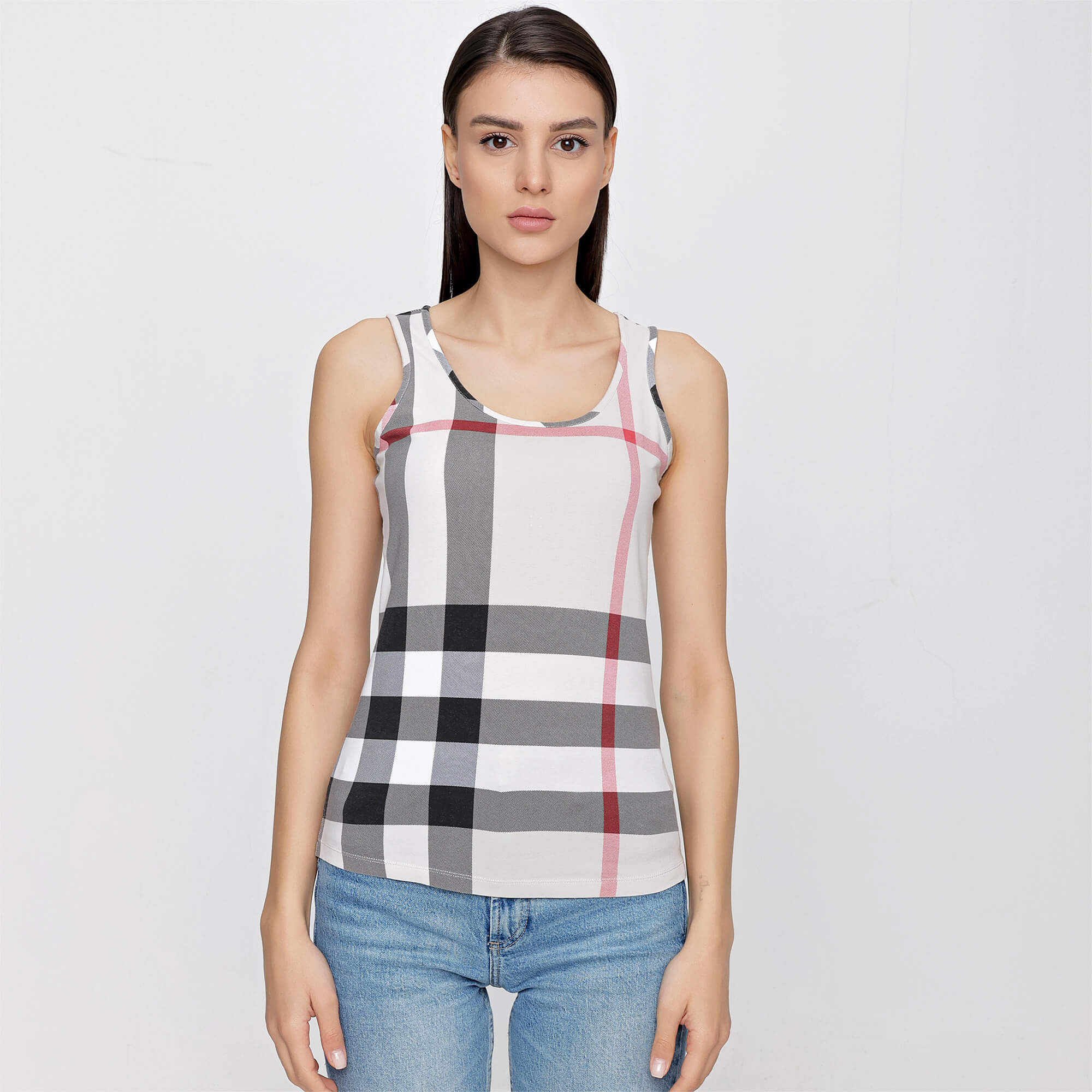 Burberry - Beige Cotton Blend Check Print Tank Top